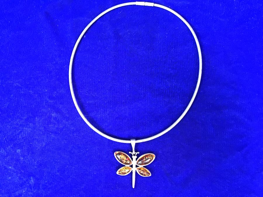 Sterling Silver Amber Dragonfly Pendant Necklace 32g [Photo 7]