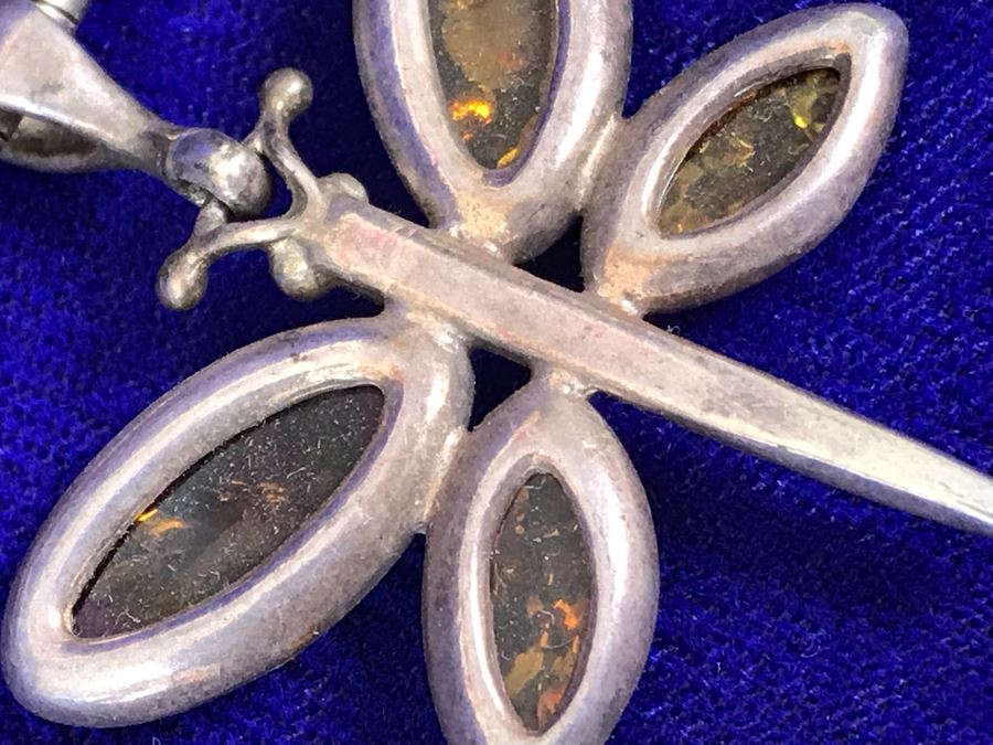 Sterling Silver Amber Dragonfly Pendant Necklace 32g [Photo 12]