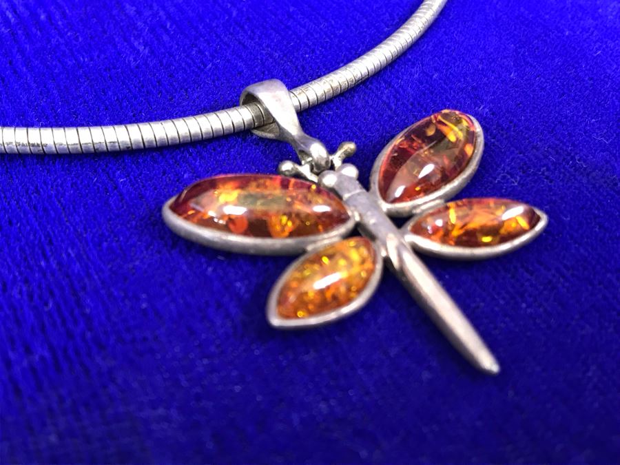 Sterling Silver Amber Dragonfly Pendant Necklace 32g [Photo 6]