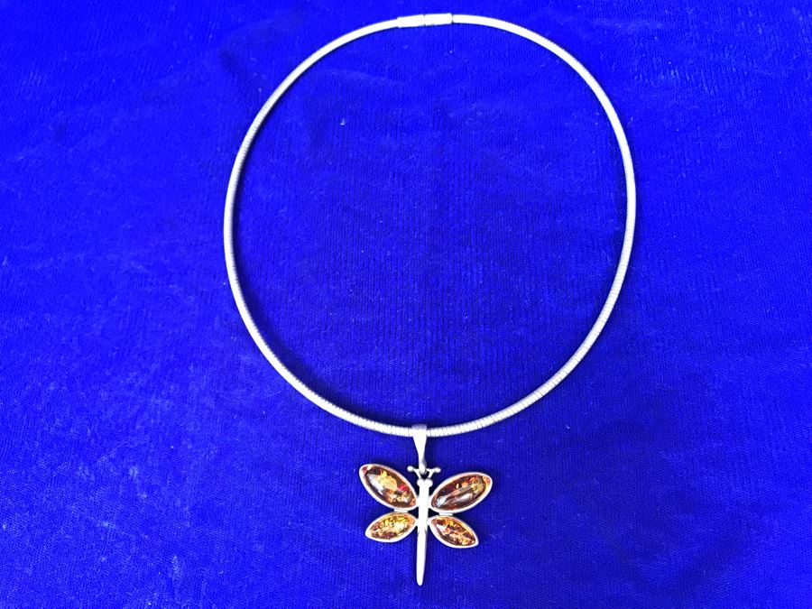 Sterling Silver Amber Dragonfly Pendant Necklace 32g [Photo 15]