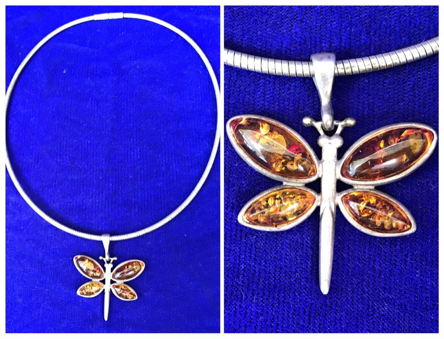 Sterling Silver Amber Dragonfly Pendant Necklace 32g [Photo 1]