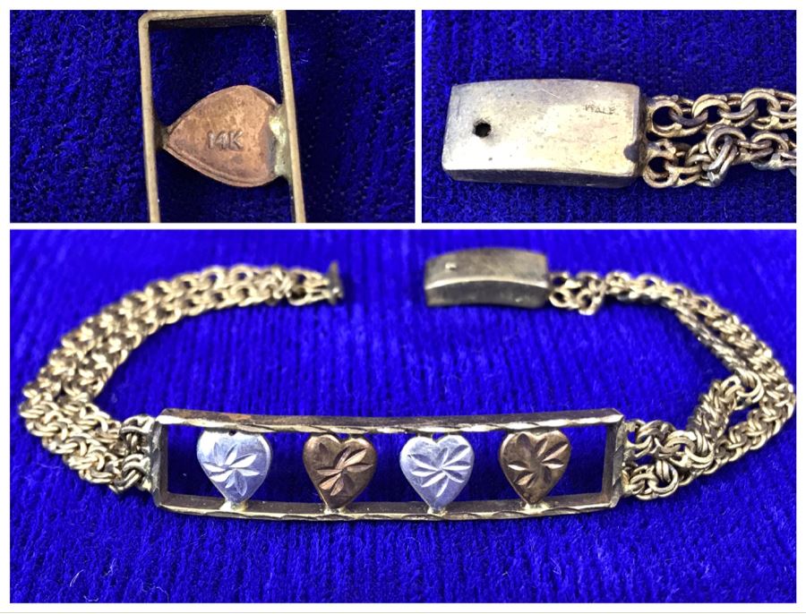 14K Gold Bracelet Decorated With Hearts Made In Italy - Clasp Needs Repair 8.8g