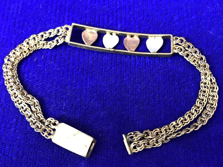 14K Gold Bracelet Decorated With Hearts Made In Italy - Clasp Needs Repair 8.8g [Photo 10]