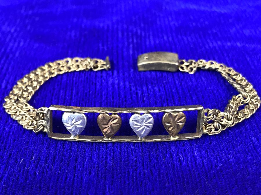 14K Gold Bracelet Decorated With Hearts Made In Italy - Clasp Needs Repair 8.8g [Photo 2]