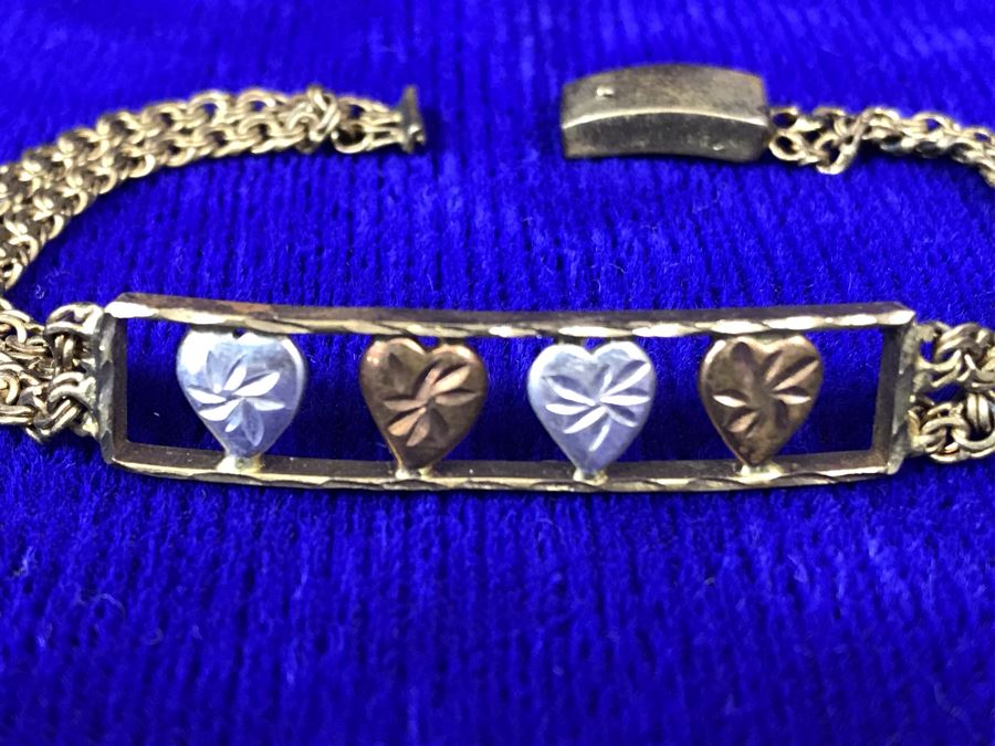 14K Gold Bracelet Decorated With Hearts Made In Italy - Clasp Needs Repair 8.8g [Photo 4]