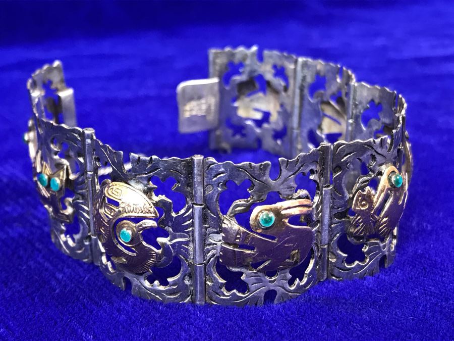 18K Gold And Sterling Silver Repousse Bracelet 29g Industria Peruana [Photo 23]