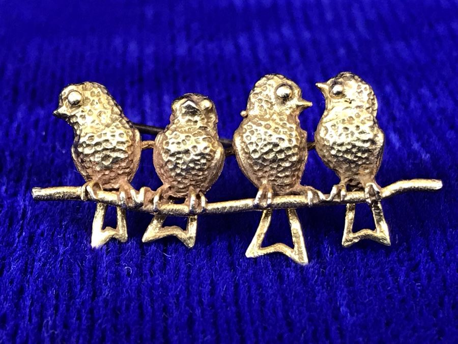 14K Gold Four Birds On A Branch Brooch Pendant 3.2g [Photo 3]