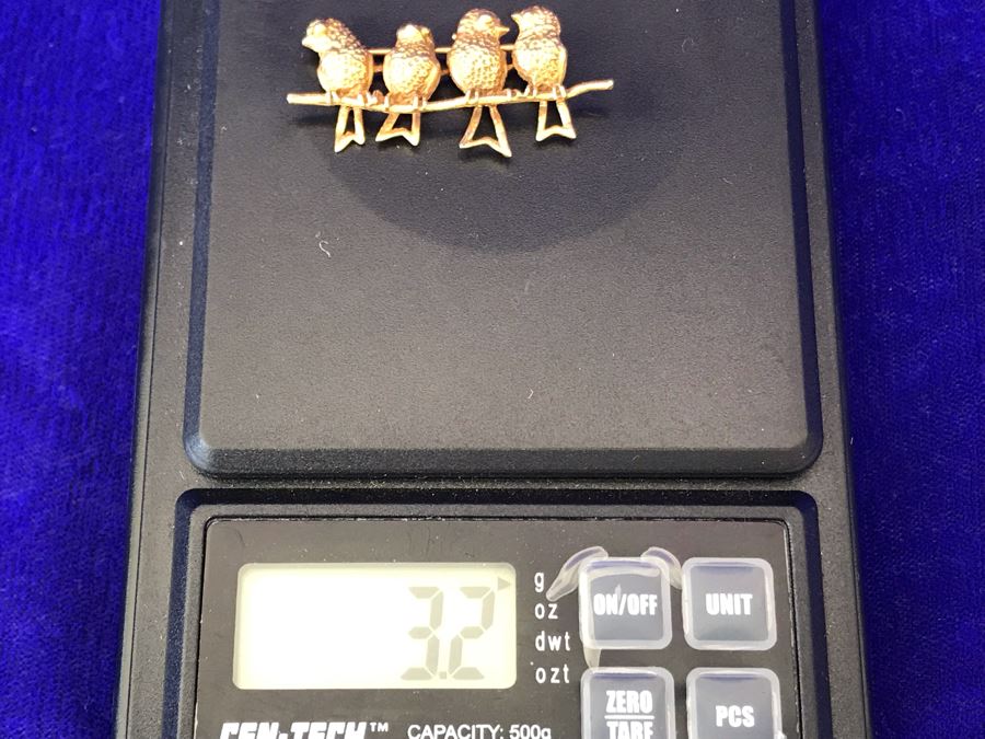 14K Gold Four Birds On A Branch Brooch Pendant 3.2g [Photo 6]