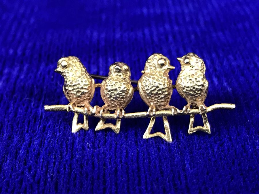 14K Gold Four Birds On A Branch Brooch Pendant 3.2g [Photo 2]
