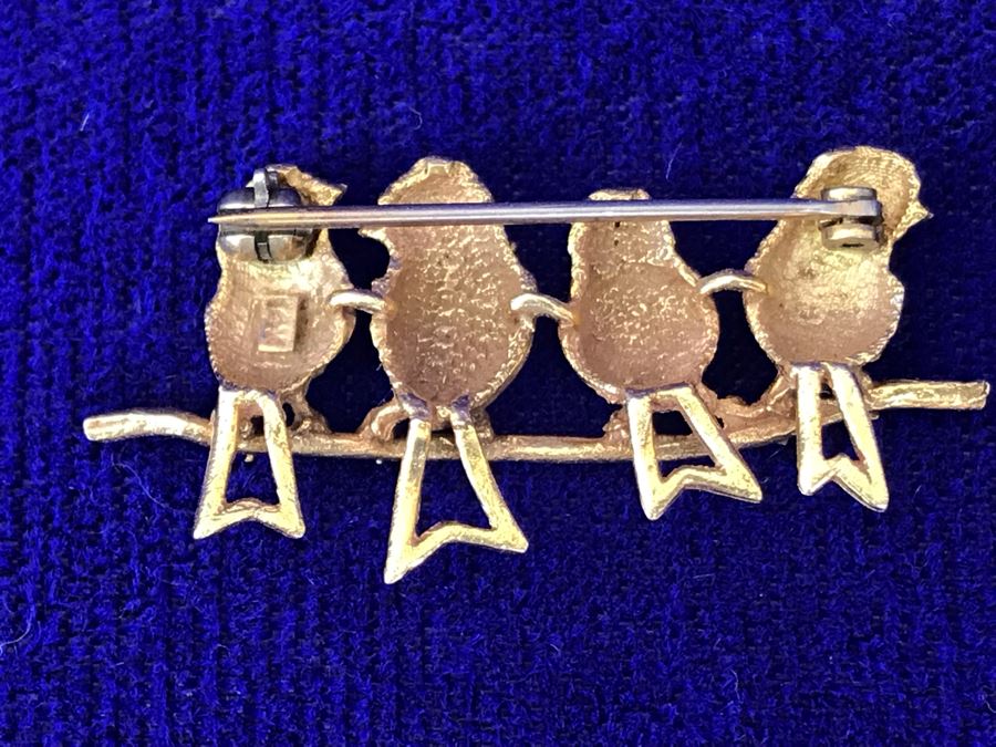 14K Gold Four Birds On A Branch Brooch Pendant 3.2g [Photo 4]