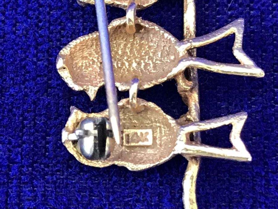 14K Gold Four Birds On A Branch Brooch Pendant 3.2g [Photo 5]