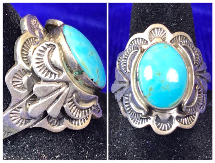 Vintage Signed Sterling Silver Turquoise Ring 11.8g Size 9.5 [Photo 1]