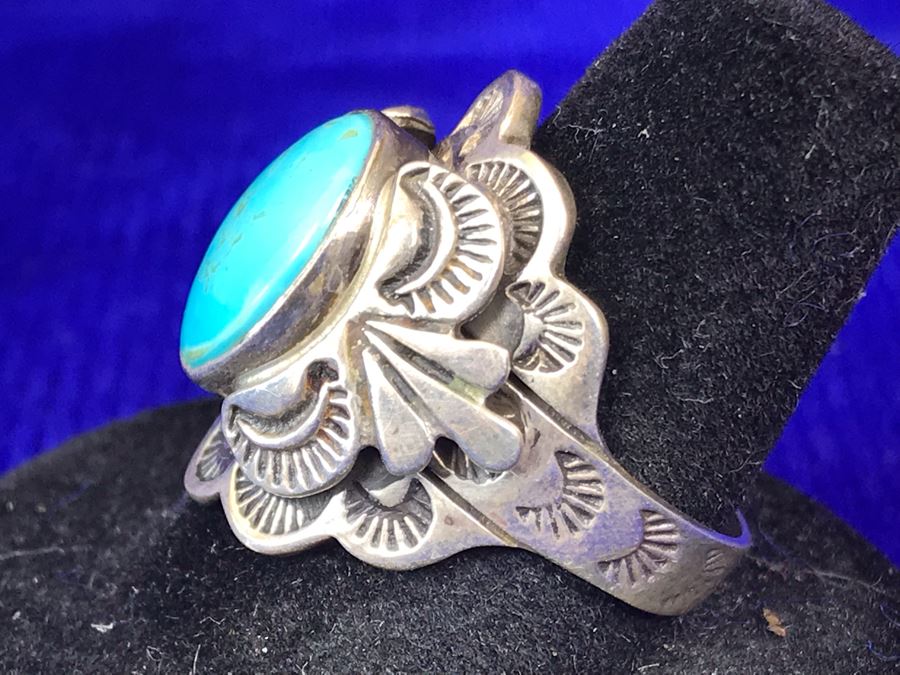 Vintage Signed Sterling Silver Turquoise Ring 11.8g Size 9.5