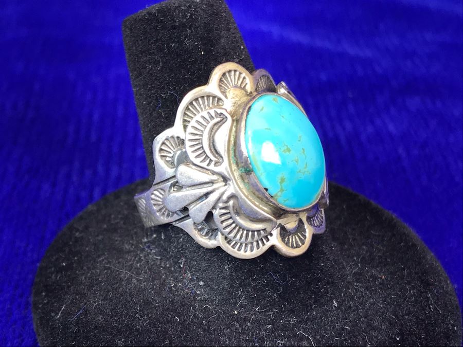 Vintage Signed Sterling Silver Turquoise Ring 11.8g Size 9.5