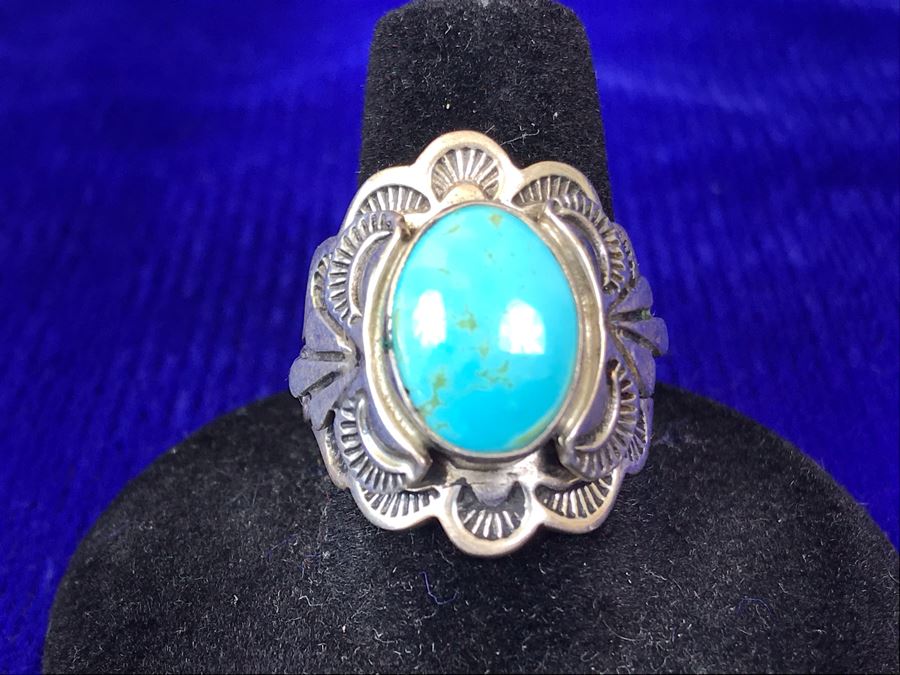 Vintage Signed Sterling Silver Turquoise Ring 11.8g Size 9.5 [Photo 3]