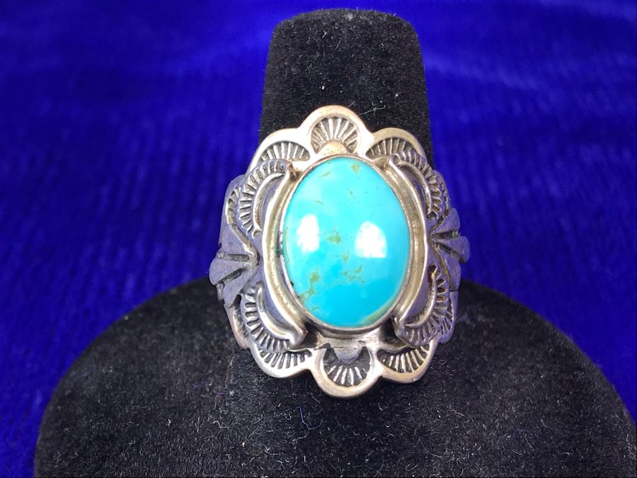 Vintage Signed Sterling Silver Turquoise Ring 11.8g Size 9.5 [Photo 2]