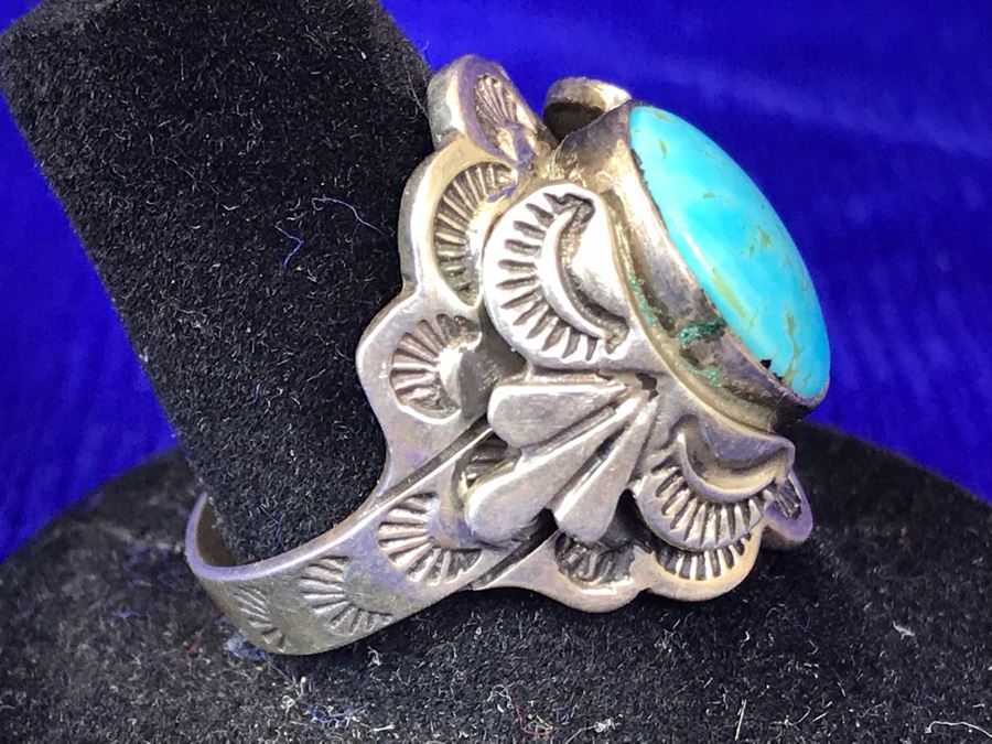 Vintage Signed Sterling Silver Turquoise Ring 11.8g Size 9.5 [Photo 6]