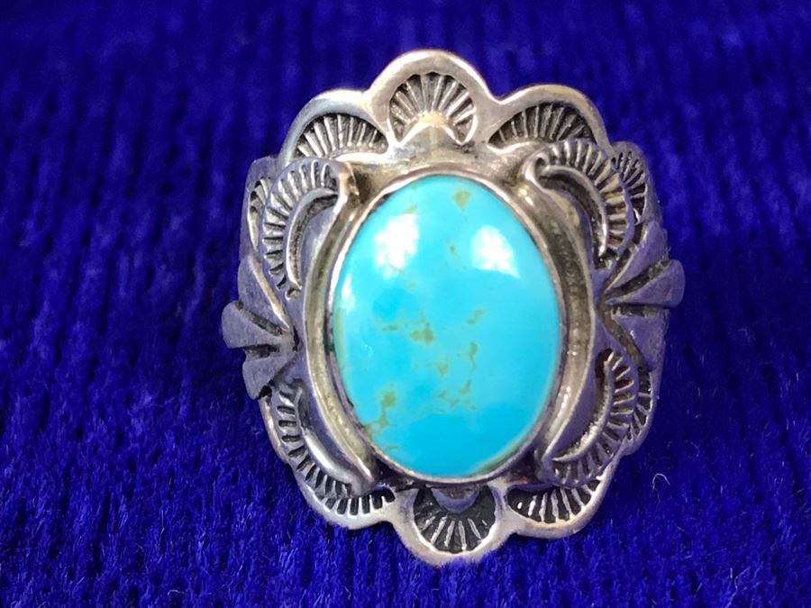 Vintage Signed Sterling Silver Turquoise Ring 11.8g Size 9.5