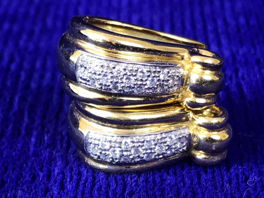 18K Gold Pave Diamond Hoops Earrings Italy 9.5g .25CTTW FMV $800 [Photo 3]