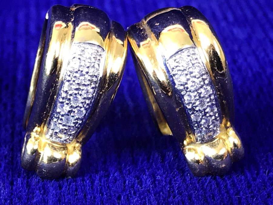 18K Gold Pave Diamond Hoops Earrings Italy 9.5g .25CTTW FMV $800 [Photo 18]