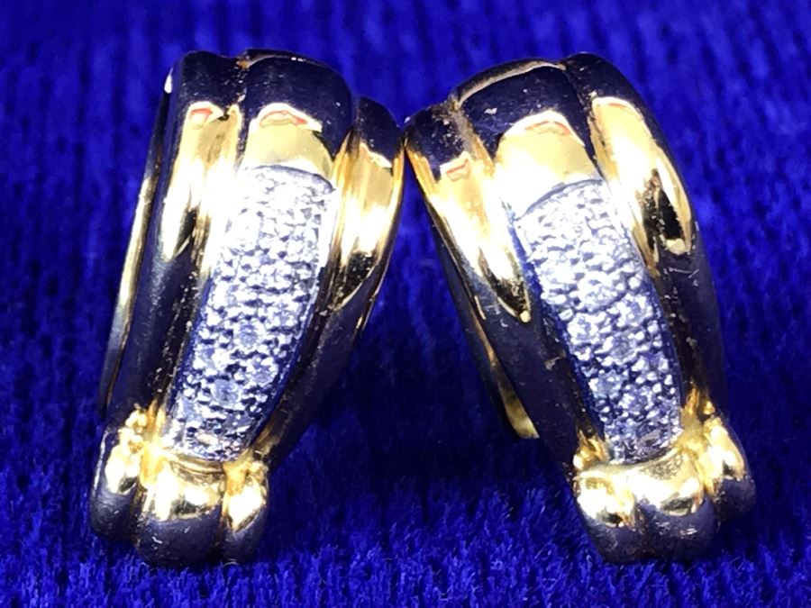 18K Gold Pave Diamond Hoops Earrings Italy 9.5g .25CTTW FMV $800 [Photo 13]