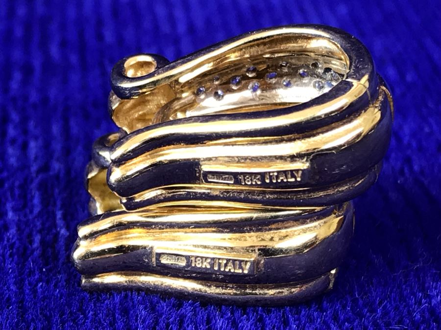 18K Gold Pave Diamond Hoops Earrings Italy 9.5g .25CTTW FMV $800 [Photo 6]