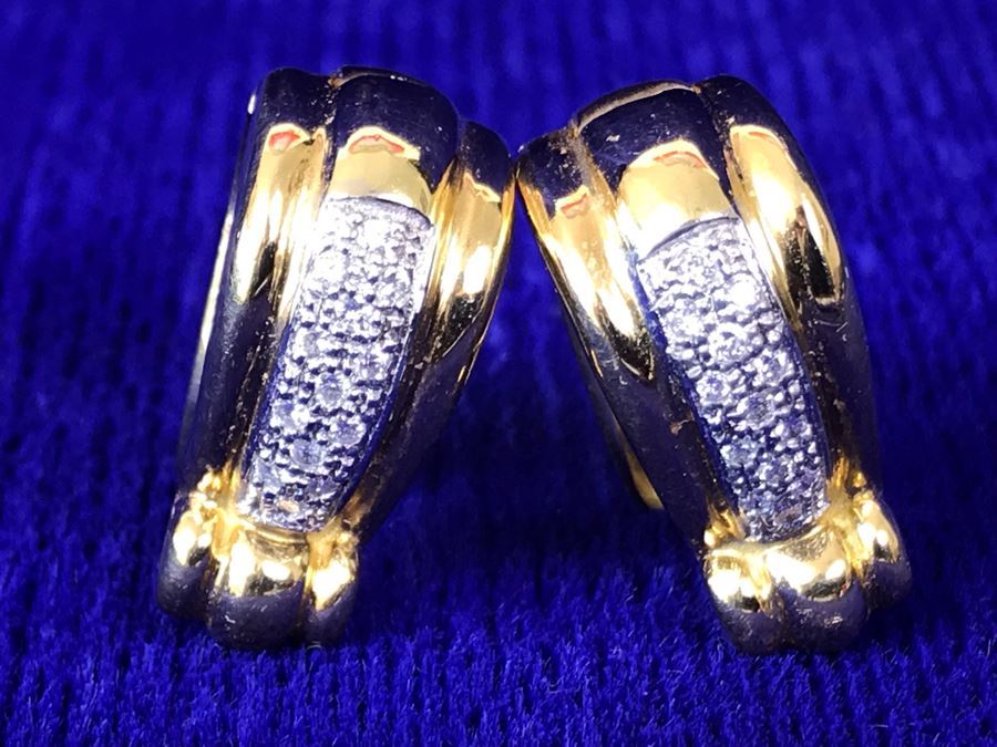 18K Gold Pave Diamond Hoops Earrings Italy 9.5g .25CTTW FMV $800 [Photo 11]