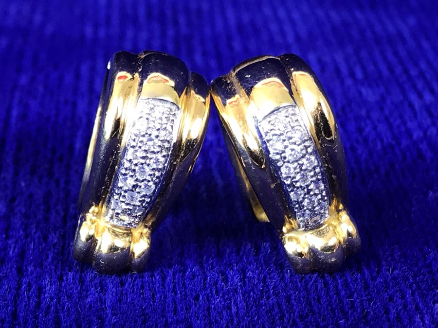 18K Gold Pave Diamond Hoops Earrings Italy 9.5g .25CTTW FMV $800 [Photo 12]