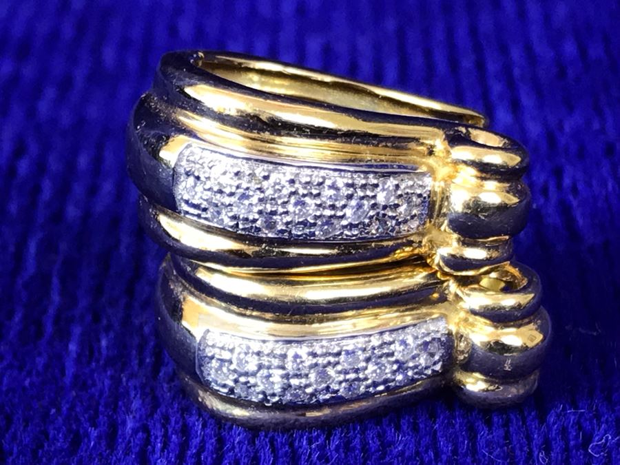 18K Gold Pave Diamond Hoops Earrings Italy 9.5g .25CTTW FMV $800 [Photo 2]