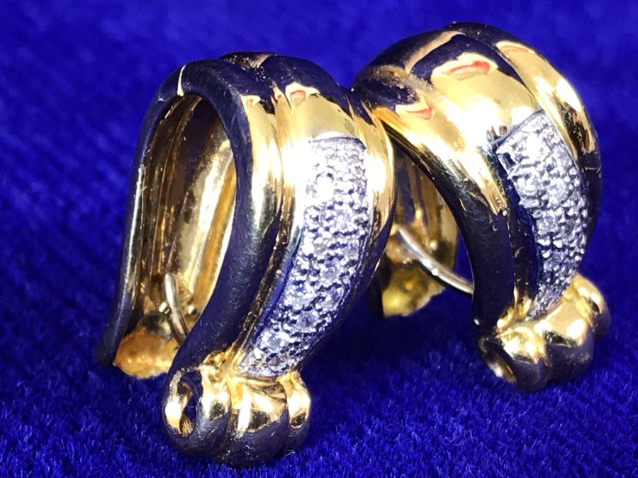 18K Gold Pave Diamond Hoops Earrings Italy 9.5g .25CTTW FMV $800 [Photo 16]