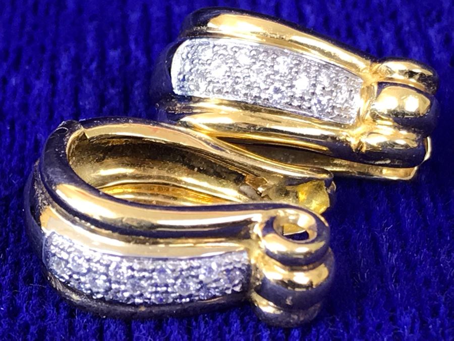 18K Gold Pave Diamond Hoops Earrings Italy 9.5g .25CTTW FMV $800 [Photo 8]