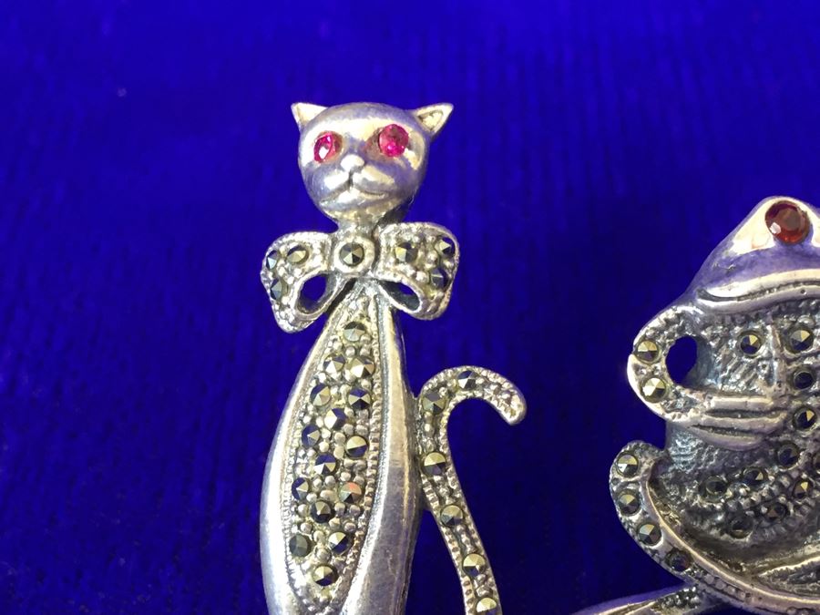 Vintage Sterling Silver Signed Cat And Frog Brooch Pin 15.8g [Photo 7]