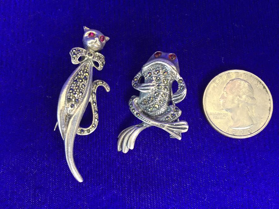 Vintage Sterling Silver Signed Cat And Frog Brooch Pin 15.8g [Photo 18]