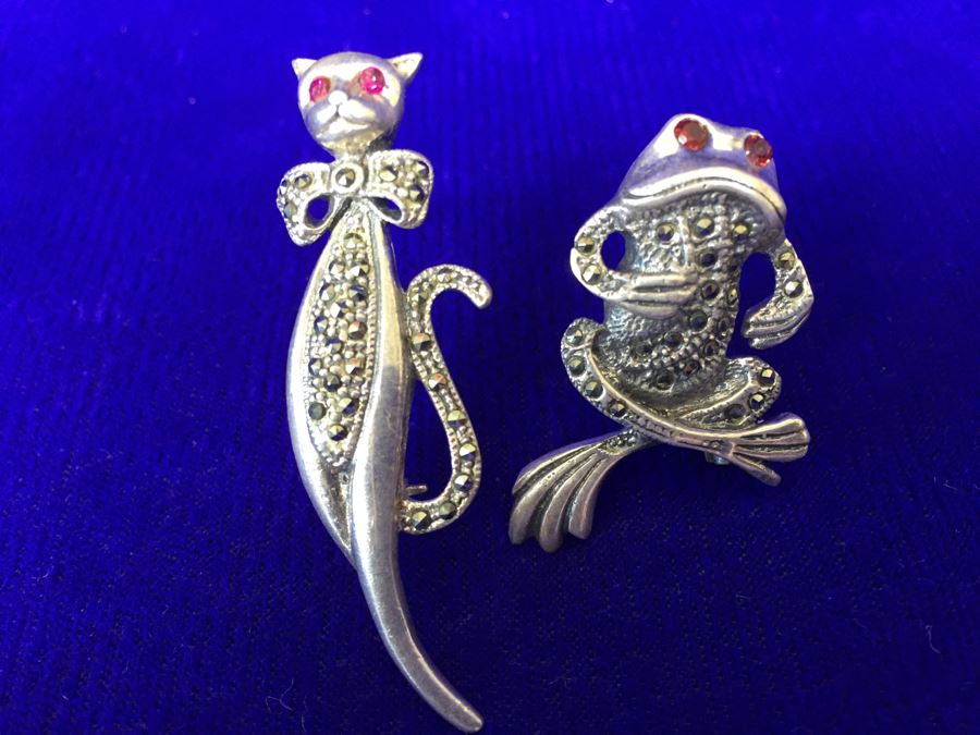 Vintage Sterling Silver Signed Cat And Frog Brooch Pin 15.8g [Photo 3]