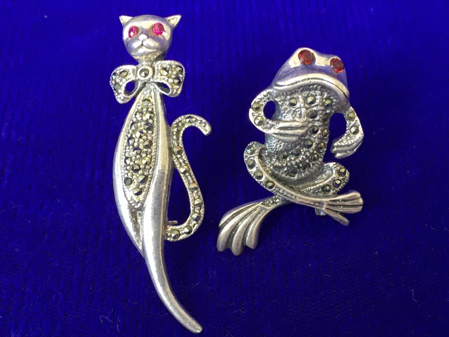 Vintage Sterling Silver Signed Cat And Frog Brooch Pin 15.8g