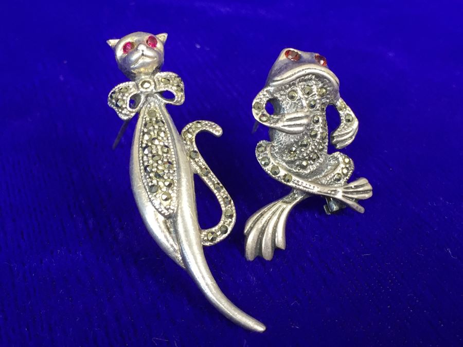 Vintage Sterling Silver Signed Cat And Frog Brooch Pin 15.8g [Photo 8]