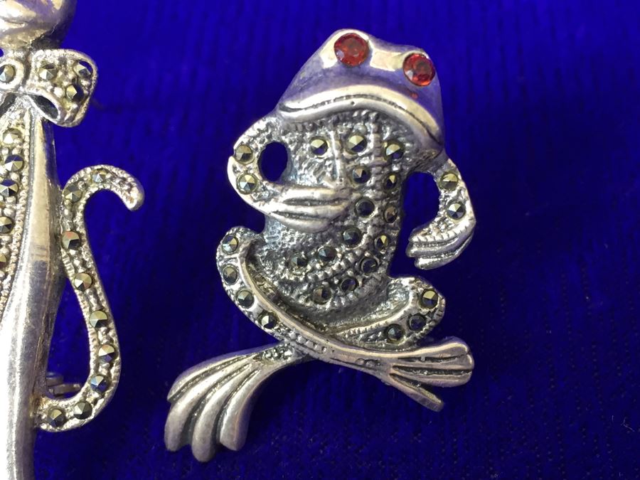 Vintage Sterling Silver Signed Cat And Frog Brooch Pin 15.8g [Photo 6]