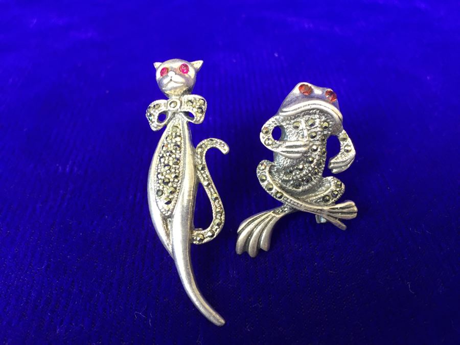 Vintage Sterling Silver Signed Cat And Frog Brooch Pin 15.8g [Photo 4]