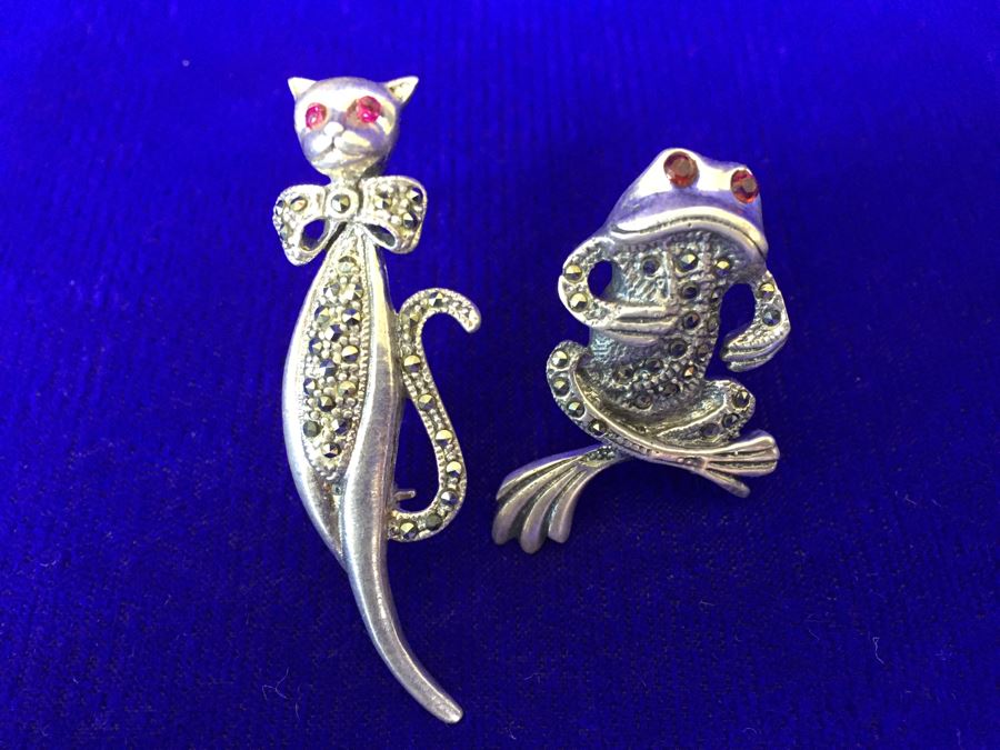 Vintage Sterling Silver Signed Cat And Frog Brooch Pin 15.8g [Photo 5]