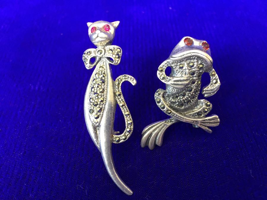 Vintage Sterling Silver Signed Cat And Frog Brooch Pin 15.8g [Photo 2]