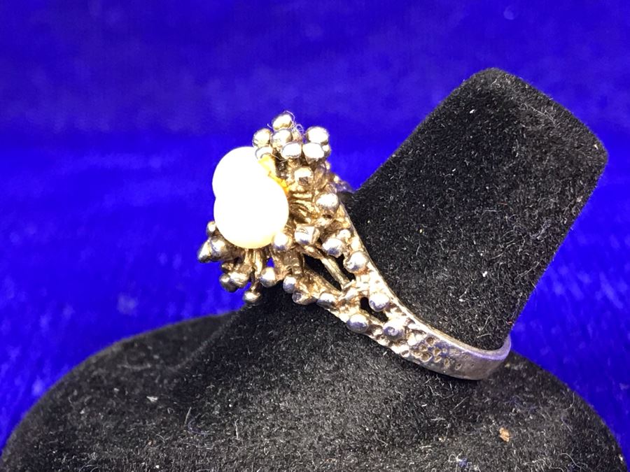 Vintage Sterling Silver Pearls Ring Signed Size 7 4.9g [Photo 5]
