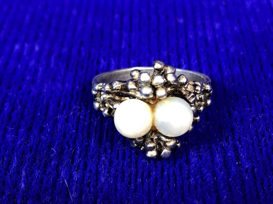 Vintage Sterling Silver Pearls Ring Signed Size 7 4.9g [Photo 8]