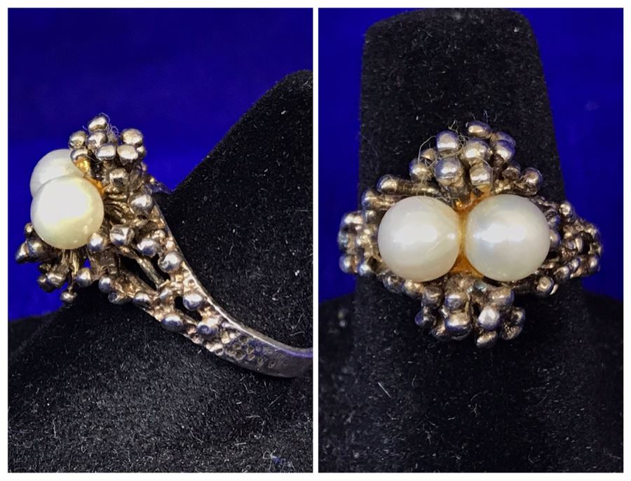 Vintage Sterling Silver Pearls Ring Signed Size 7 4.9g [Photo 1]