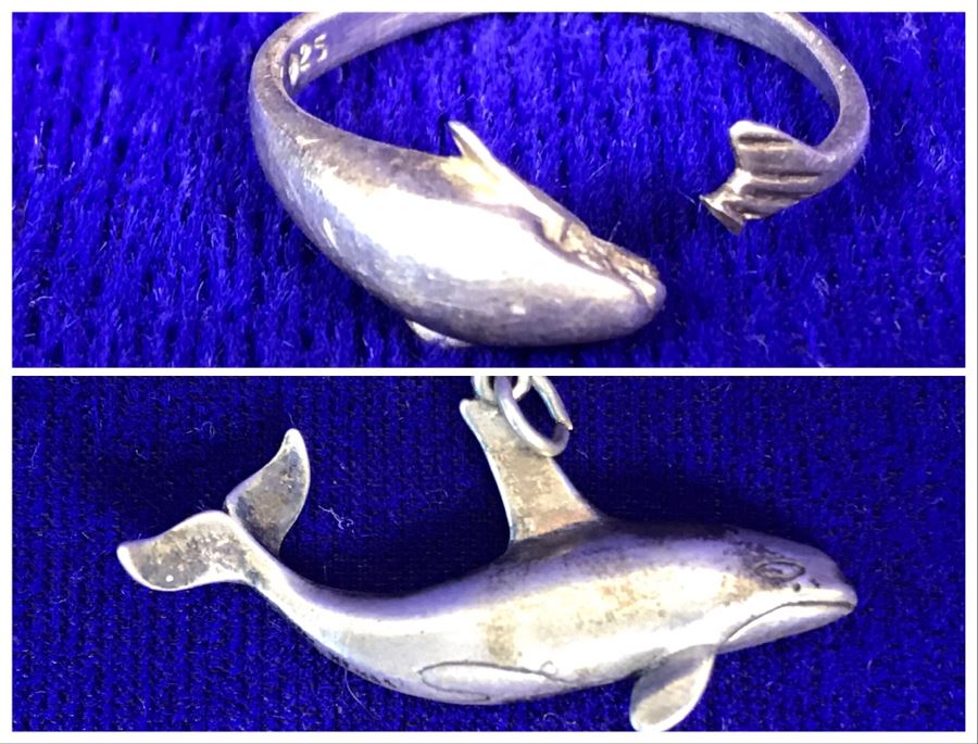 Sterling Silver Dolphin Ring Size 9.5 And Sterling Silver Whale Pendant 5.9g [Photo 1]