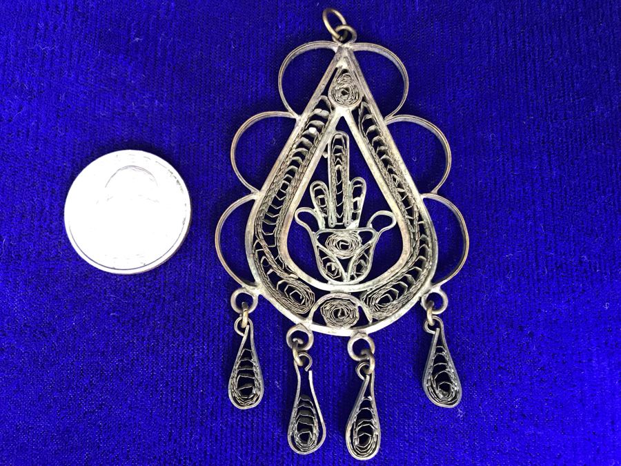Vintage Silver Filigree Middle Finger Pendant 14.2g [Photo 5]
