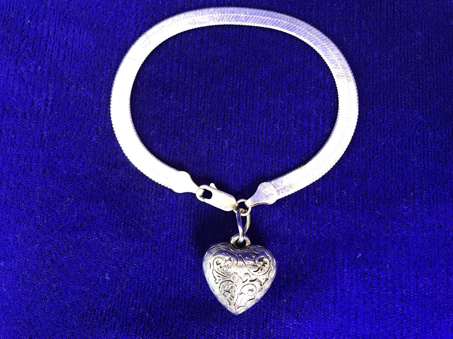 Vintage Sterling Silver Heart Pendant Bracelet Italy 7.2g [Photo 2]