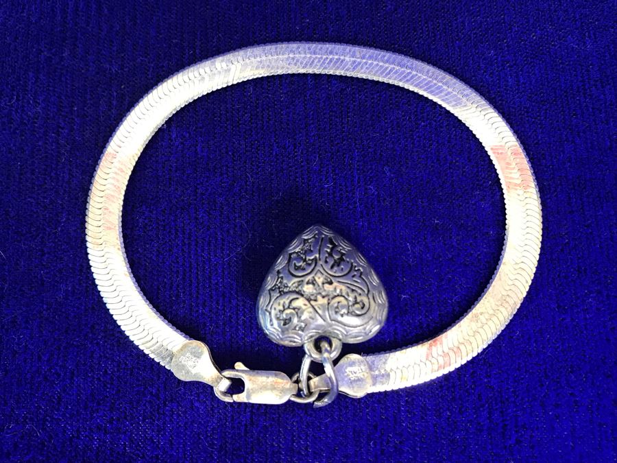 Vintage Sterling Silver Heart Pendant Bracelet Italy 7.2g [Photo 7]