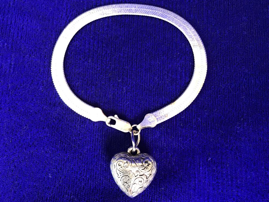 Vintage Sterling Silver Heart Pendant Bracelet Italy 7.2g [Photo 1]