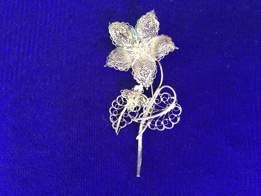 Vintage Silver Filigree Flower Brooch Pin 3.5g [Photo 1]