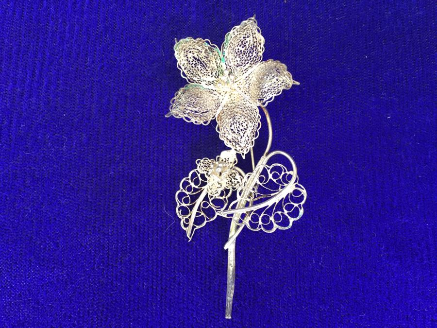 Vintage Silver Filigree Flower Brooch Pin 3.5g [Photo 2]